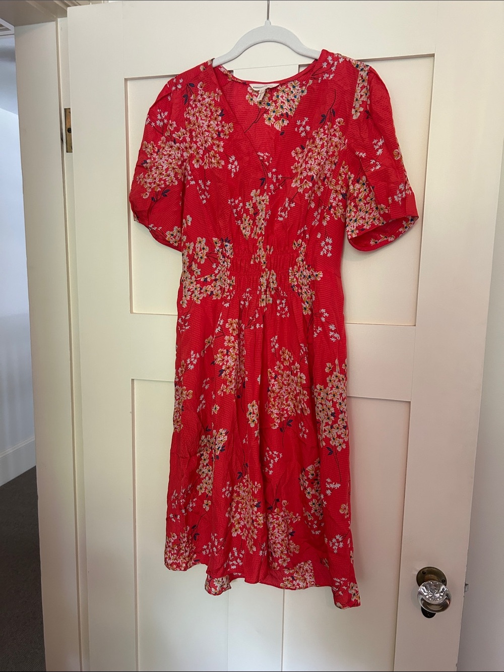Rebecca Taylor Red Floral V‑Neck Midi Dress with Puff Sleeves